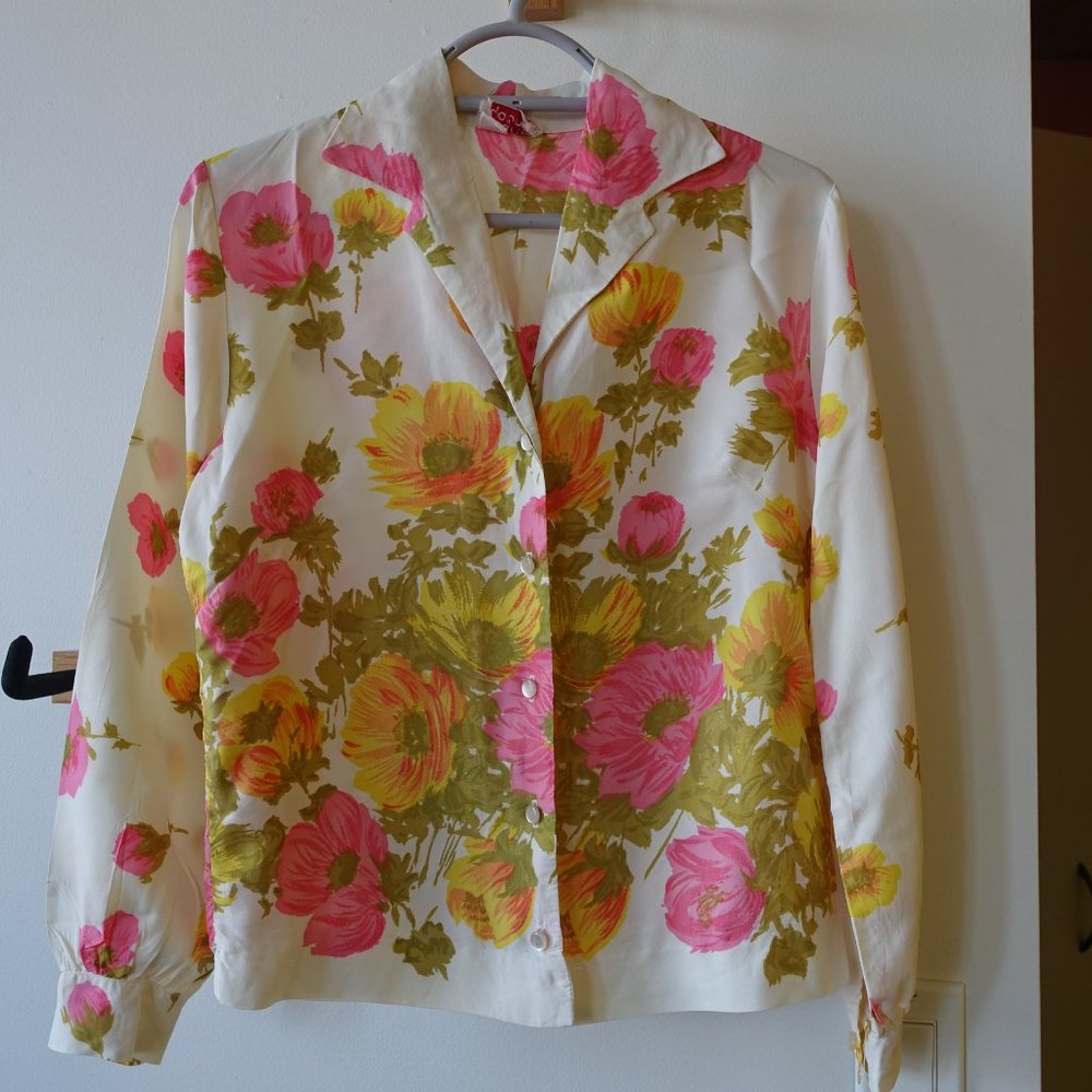Vintage 70's Pink & Yellow Floral Blouse Diane Young Women's  XS XSmall 0
